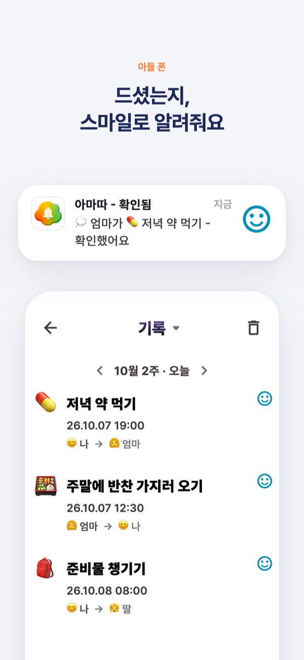 드셨는지, 스마일로 알려줘요. 아들 폰에 ‘엄마가 저녁 약 먹기 확인했어요’ 알림과 청록 스마일, 아래에 기록 목록.